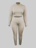 Romildi Romildi Plus Size Casual Outfits Set, Women's Plus Letter Print Ribbed Long Sleeve High Neck Crop Top & Leggings Outfits Two Piece Set