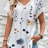 Romildi Floral Print Contrast Lace Blouse, Casual V Neck Short Sleeve Blouse, Women's Clothing