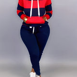 Romildi Romildi Plus Size Casual Outfits Two Piece Set, Women's Plus Colorblock Stripe Print Long Sleeve Drawstring Hoodie Sweatshirt & Joggers Outfits 2 Piece Set