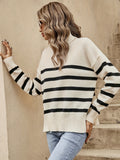 Romildi Striped Turtle Neck Pullover Sweater, Casual Long Sleeve Split Sweater, Women's Clothing