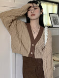 Cable Button Front Cardigan, Vintage Long Sleeve Drop Shoulder Outwear, Women's Clothing