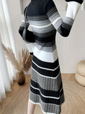 Romildi Striped Print Long Sleeve Knit Dress, Elegant Crew Neck A-line Dress, Women's Clothing