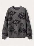 Romildi Eye Pattern Crew Neck Sweater, Y2K Long Sleeve Pullover Sweater, Women's Clothing