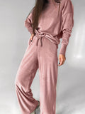 Romildi Solid Casual Two-piece Set, Crew Neck Long Sleeve Tops & Drawstring Wide Leg Pants Outfits, Women's Clothing