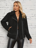 Romildi Solid Zipper Lapel Teddy Coat, Versatile Long Sleeve Thermal Coat For Fall & Winter, Women's Clothing