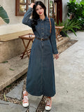 Romildi Blue Long Sleeves Denim Dress, Retro Style Single Breasted Button Split Lapel Denim Dress, Women's Denim Clothing