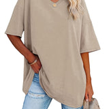 Romildi Basic Loose Solid T-Shirts, Casual Short Sleeve V-Neck T-Shirts, Casual Every Day Tops, Women's Clothing