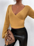 Romildi Solid Surplice Neck Knit Sweater, Casual Long Sleeve Crop Sweater, Women's Clothing