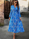 Romildi Floral Print Maxi Dress, Casual V Neck Long Sleeve Dress, Women's Clothing