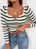 Romildi Striped Notched Neck Knitted Top, Casual Long Sleeve Slim Sweater, Women's Clothing