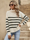 Romildi Striped Turtle Neck Pullover Sweater, Casual Long Sleeve Split Sweater, Women's Clothing