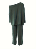 Romildi Casual Solid Two-piece Set, One-shoulder Loose Top & Wide Leg Pants Outfits, Women's Clothing