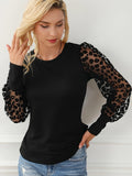 Romildi Leopard Illusion Sleeve Top, Casual Crew Neck Slim Top, Women's Clothing