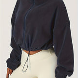 Romildi Women's Warm Fleece Crop Jacket With Zipper And Drawstring - Perfect For Casual Sports And Outdoor Activities