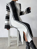 Romildi Color Block Split Dress, Casual Mock Neck Long Sleeve Dress, Women's Clothing
