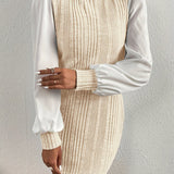 Romildi Color Block Ribbed Dress, Elegant Lantern Sleeve High Neck Slim Dress, Women's Clothing