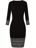 Romildi Tribal Striped Print Dress, Elegant Slim Crew Neck Long Sleeve Bag Hip Dress, Women's Clothing