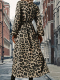 Romildi Leopard Print V Neck Dress, Boho Lantern Sleeve Split Dress, Women's Clothing