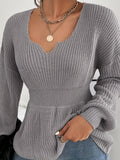 Romildi Solid Notched Neck Knit Sweater, Elegant Cinched Waist Ruffle Long Sleeve Sweater, Women's Clothing