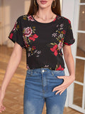 Romildi Retro Floral Print T-Shirt, Short Sleeve Crew Neck Casual Top For Spring & Summer, Women's Clothing