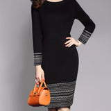 Romildi Tribal Striped Print Dress, Elegant Slim Crew Neck Long Sleeve Bag Hip Dress, Women's Clothing