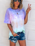 Romildi Tie Dye Color Block T-Shirt, Crew Neck Short Sleeve T-Shirt, Casual Every Day Tops, Women's Clothing