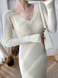 Romildi Ribbed Solid Sweater Dress, Casual V Neck Long Sleeve Dress, Women's Clothing