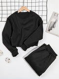 Romildi 2pcs Long Sleeve Casual Sports Sets, Fleece Liner Crew Neck Pullover Sweatshirt & Casual Loose Sweatpants, Women's Activewear