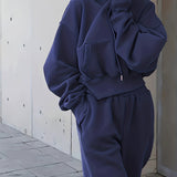 Romildi 2pcs Athleisure Set, Oversized Solid Hooded Pocket Drawstring Sweatshirts & Sweatpants Sets, Women's Clothing