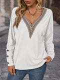 Romildi Women's Solid Color Lace Trim V-Neck Long Sleeve Tops, Casual Daily Pullover T-Shirts, Women's Clothing