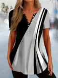 Romildi Plus Size Casual T-shirt, Women's Plus Colorblock Stripe Print Button Up Short Sleeve Medium Stretch T-shirt