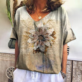 Romildi Ethnic Women'S T-Shirt New Summer Short Sleeve Top Loose Casual V-Neck Tee Vintage Flower T Shirt For Women Clothes Fashion 2023