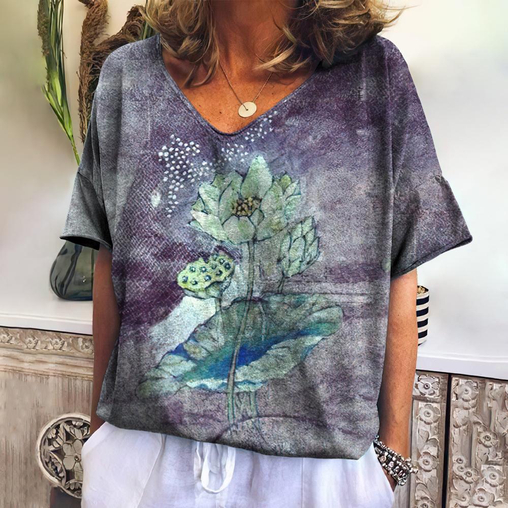 Romildi Ethnic Women'S T-Shirt New Summer Short Sleeve Top Loose Casual V-Neck Tee Vintage Flower T Shirt For Women Clothes Fashion 2023