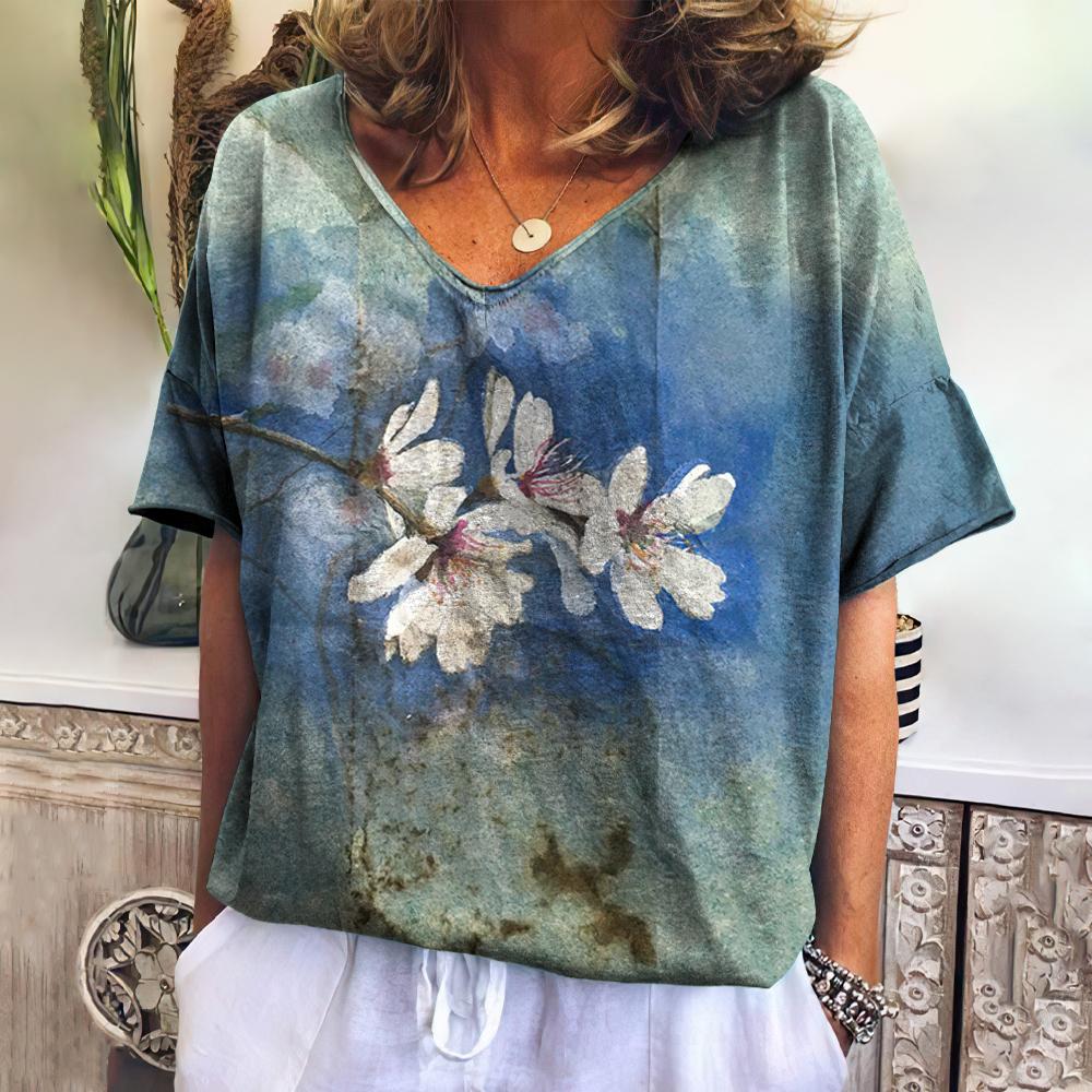 Romildi Ethnic Women'S T-Shirt New Summer Short Sleeve Top Loose Casual V-Neck Tee Vintage Flower T Shirt For Women Clothes Fashion 2023