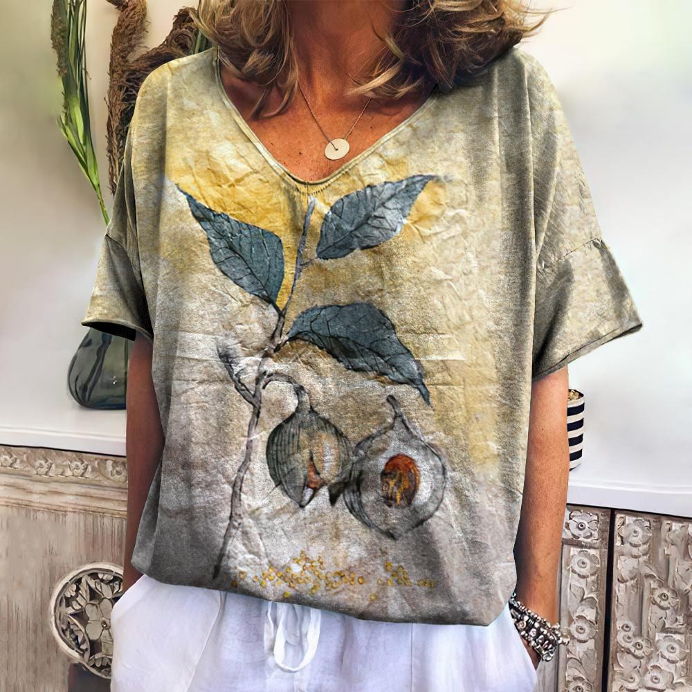 Romildi Ethnic Women'S T-Shirt New Summer Short Sleeve Top Loose Casual V-Neck Tee Vintage Flower T Shirt For Women Clothes Fashion 2023