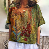 Romildi Ethnic Women'S T-Shirt New Summer Short Sleeve Top Loose Casual V-Neck Tee Vintage Flower T Shirt For Women Clothes Fashion 2023