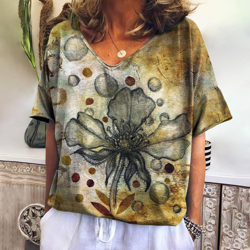 Romildi Ethnic Women'S T-Shirt New Summer Short Sleeve Top Loose Casual V-Neck Tee Vintage Flower T Shirt For Women Clothes Fashion 2023