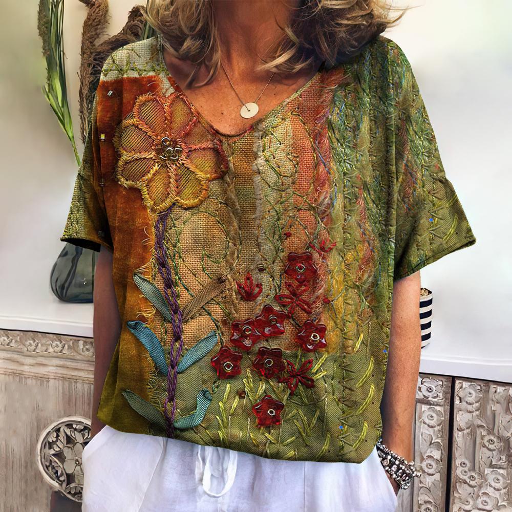 Romildi Ethnic Women'S T-Shirt New Summer Short Sleeve Top Loose Casual V-Neck Tee Vintage Flower T Shirt For Women Clothes Fashion 2023
