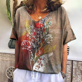 Romildi Ethnic Women'S T-Shirt New Summer Short Sleeve Top Loose Casual V-Neck Tee Vintage Flower T Shirt For Women Clothes Fashion 2023