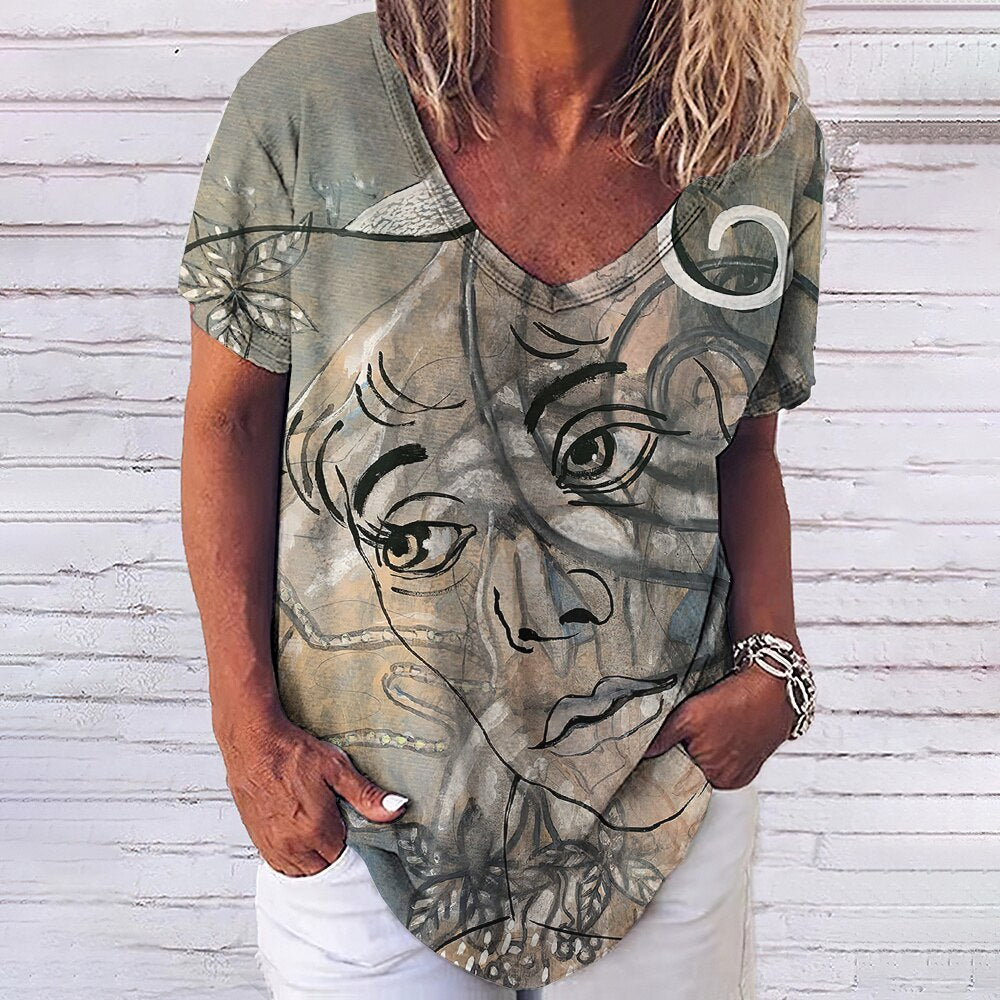 Romildi Face T Shirt for Female Abstract Funny Top Streetwear Hip Hop V-Neck Tee Loose Casual Pullover Clothes Women's T-Shirt Fashion