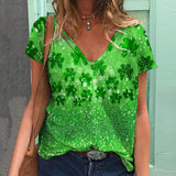 Romildi New Women's T-shirt Green Lucky Grass V-neck Female Clothes Fashion Funny Short Sleeve Tee Street Harajuku Leisure T Shirt Girls