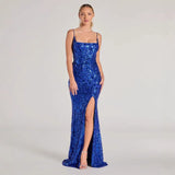 popular New new 2025 sexy one-word collar sequined evening dress elegant split banquet party dress