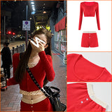 Spring 2025 new high-end red waist temperament thin top suspender skirt set M1546