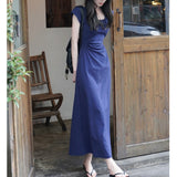 2025 Solid color simple figure high elasticity thin dress summer temperament waist sexy design long skirt