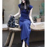 2025 Solid color simple figure high elasticity thin dress summer temperament waist sexy design long skirt