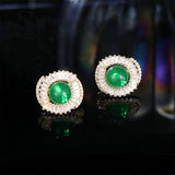 2025 popular new national style inlaid zircon temperament versatile round earrings high-end green agate silver needle retro earrings
