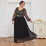 2025 Muslim 2025 large-size dress V-neck black splicing long Middle Eastern Arab hot-selling long dress