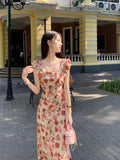 2025 Summer vacation wind small flying sleeves slim floral dress summer  retro high waist dress medium and long
