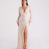 2025 Popularan, 2025n and Popular trade popular spring and summer new beads split long-sleeved wedding bridesmaid dress women's evening gift