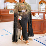 2025 autumn and winter  Popular trade women's clothing, independent station Dunhuang sprinkling gold sexy cape swinging dress dress